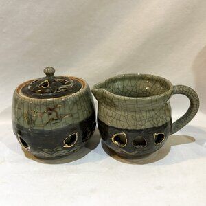 VTG Somayaki Crackle Pottery Soma Ware Double Walled Creamer Sugar Golden Horse